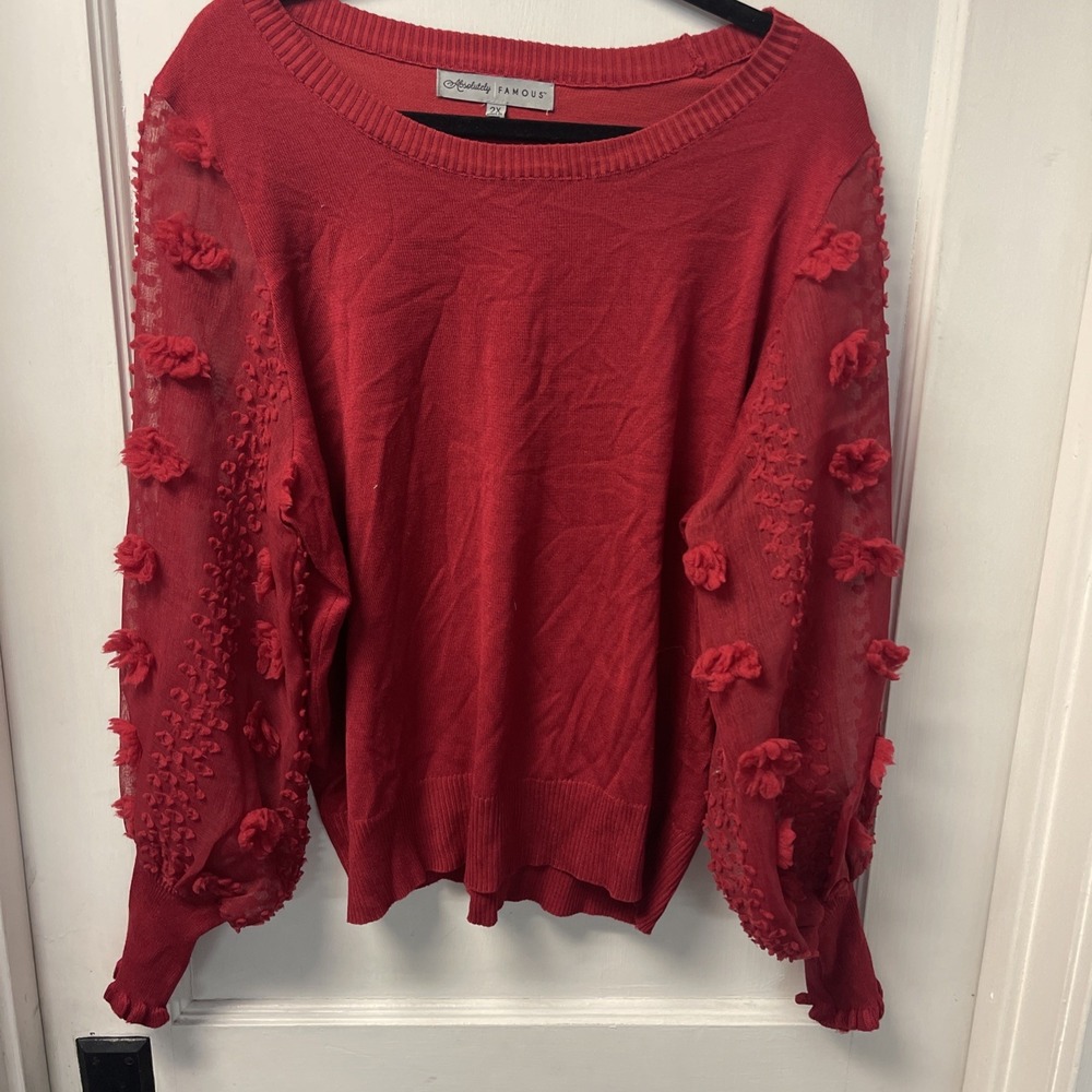 Absolutely Famous 2X Red Sweater Sheer Floral Mesh Balloon Sleeve Plus Size